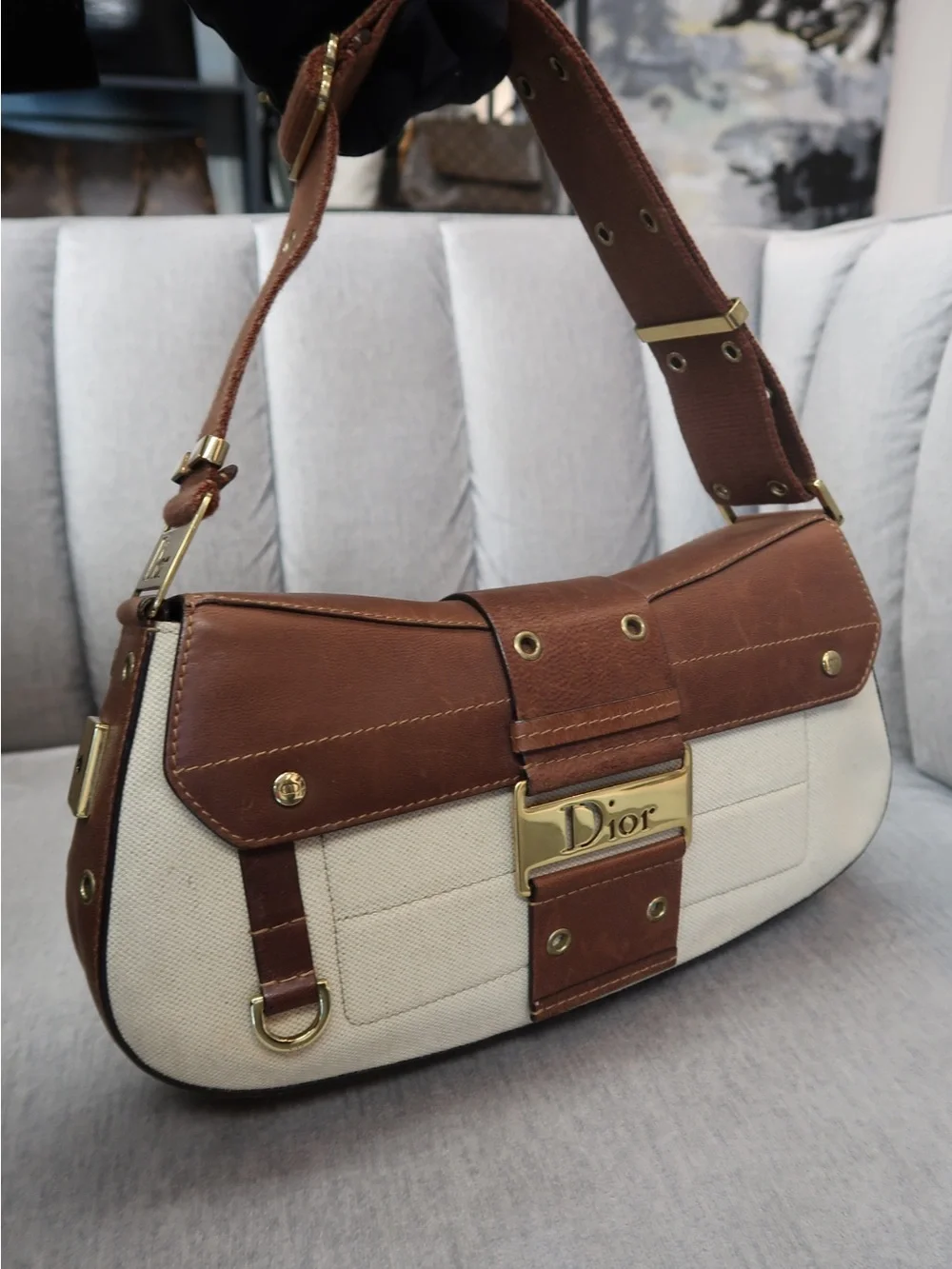 Dior Brown & Cream Canvas Shoulder Bag with Gold Hardware - Picture 8 of 10